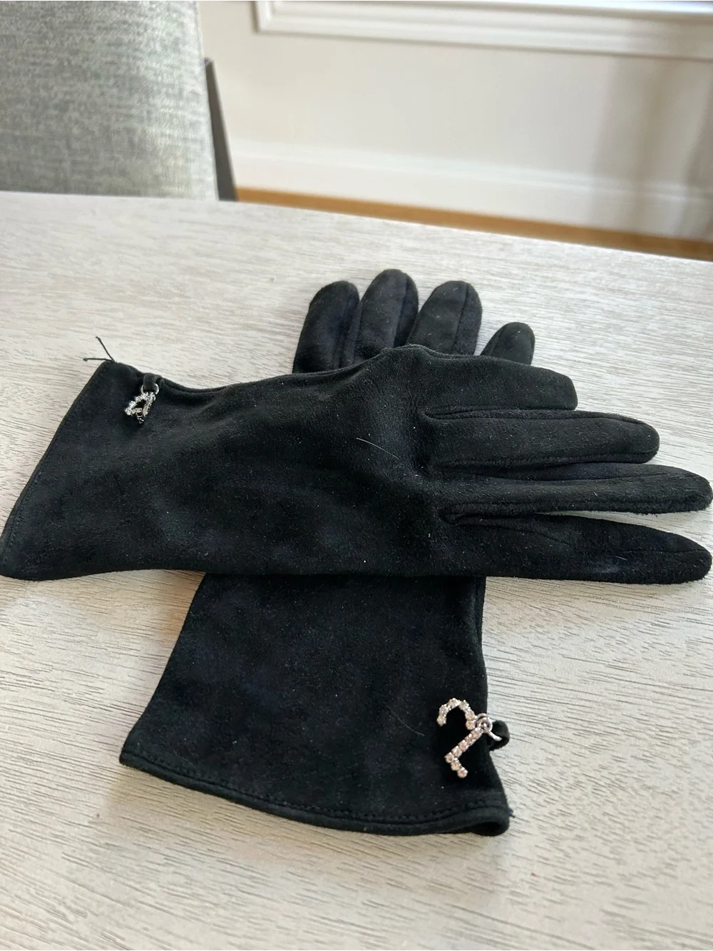 Black Suede Gloves with Rhinestone Number Accent